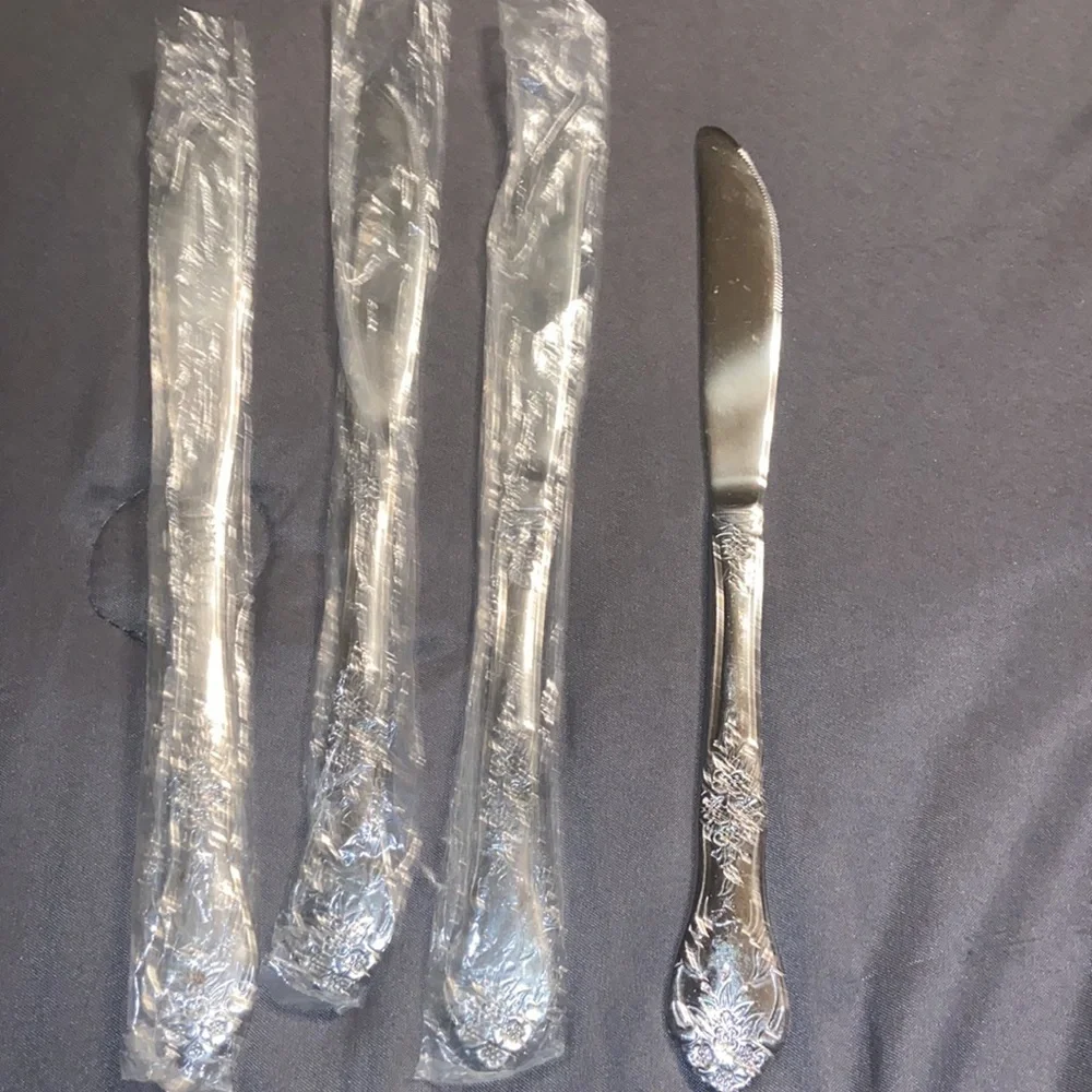 Set of four, new in plastic, stainless steel flatware knives
